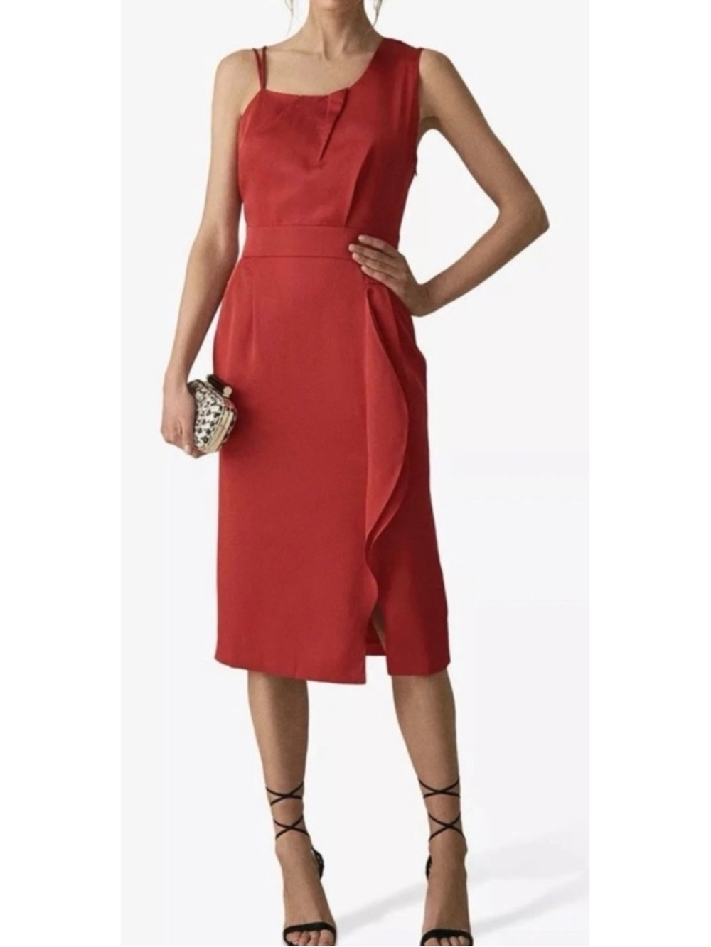NWT REISS | Sara Ruffle Detail Red Satin‎ Pleated Midi Cocktail Dress Sz. 0
